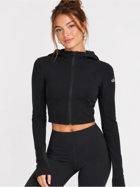 ALO Yoga Tops - ALO Yoga Sway Black Cropped Zip Hooded Jacket